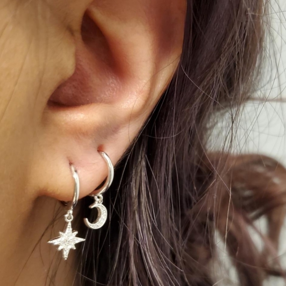  2 Pairs 925 Sterling Silver Moon Star Dangle Hoop Earring